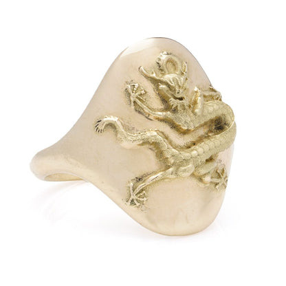 Vintage French 18 Carat Yellow Gold Dragon Motif Signet Ring