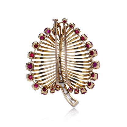 Vintage Retro Gold And Platinum Diamond And Ruby Leaf Brooch