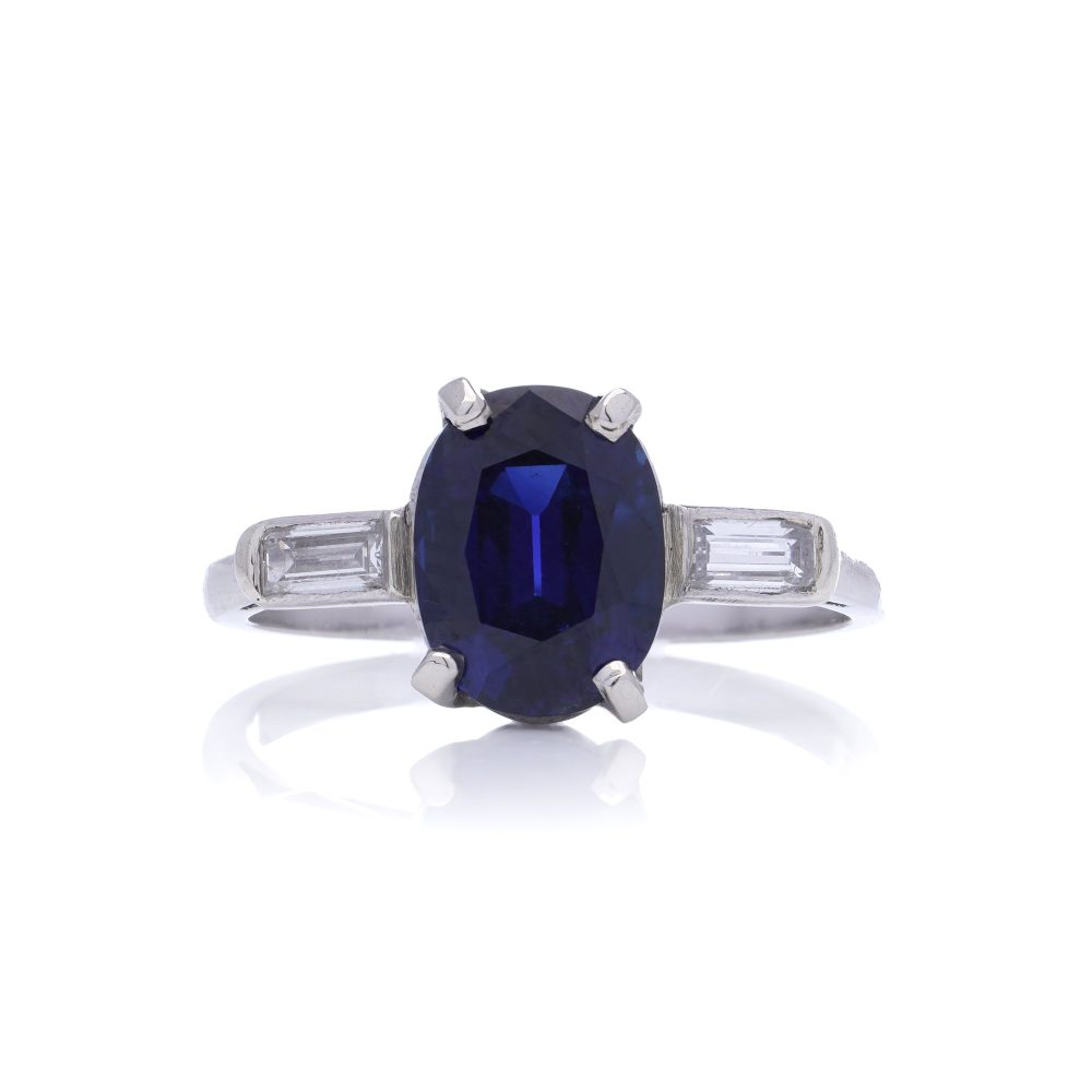 Certified 2.39ct Natural No Heat Burma Sapphire and Baguette Diamond Three Stone Engagement Ring in Platinum
