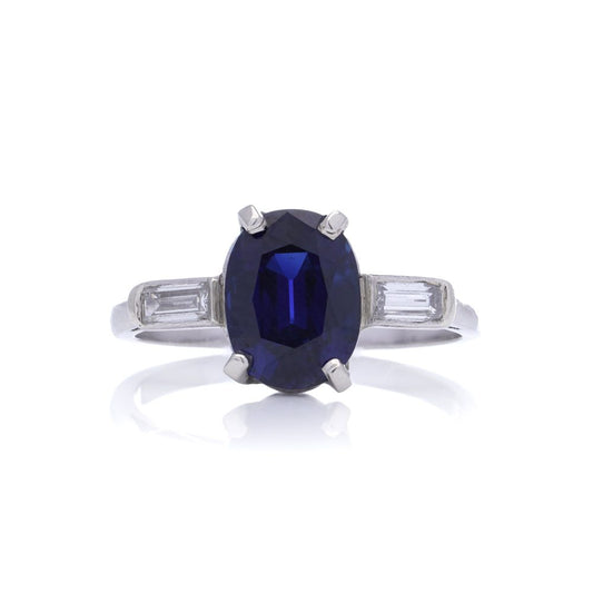 Certified 2.39ct Natural No Heat Burma Sapphire and Baguette Diamond Three Stone Engagement Ring in Platinum