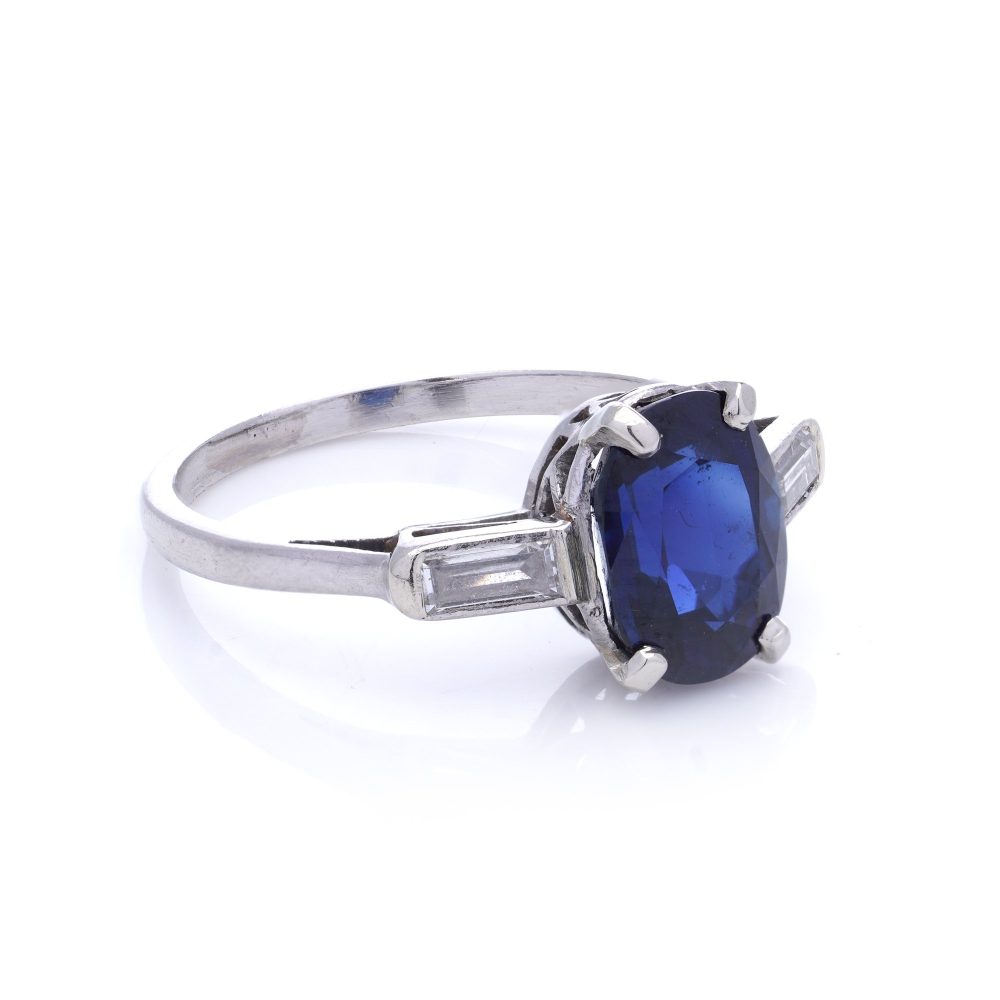 Certified 2.39ct Natural No Heat Burma Sapphire and Baguette Diamond Three Stone Engagement Ring in Platinum