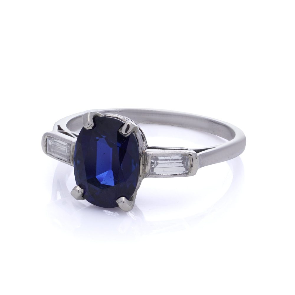 Certified 2.39ct Natural No Heat Burma Sapphire and Baguette Diamond Three Stone Engagement Ring in Platinum