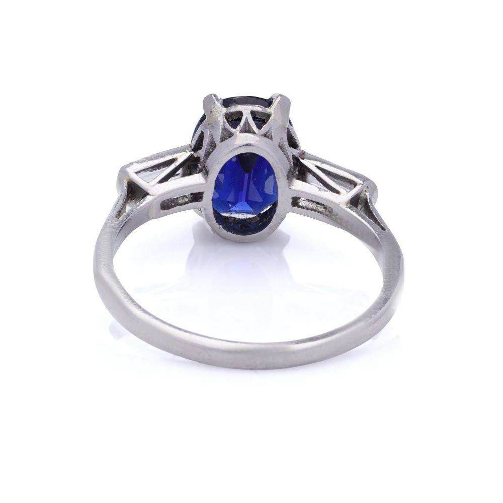 Certified 2.39ct Natural No Heat Burma Sapphire and Baguette Diamond Three Stone Engagement Ring in Platinum