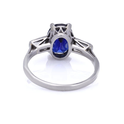 Certified 2.39ct Natural No Heat Burma Sapphire and Baguette Diamond Three Stone Engagement Ring in Platinum