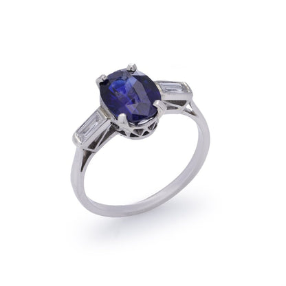 Certified 2.39ct Natural No Heat Burma Sapphire and Baguette Diamond Three Stone Engagement Ring in Platinum