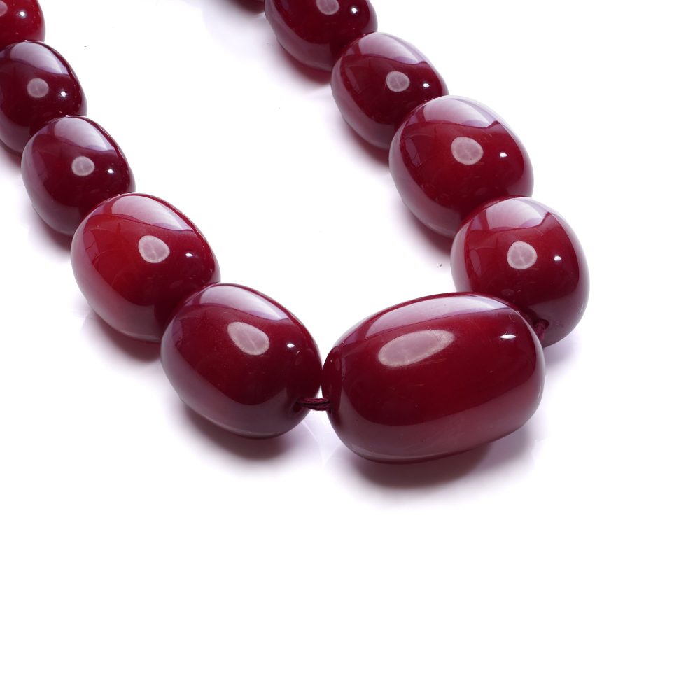 Vintage Red Bakelite Bead Necklace, graduated rich deep red beads with a high-gloss finish giving a bold statement look. Circa 1930s - 1940s
