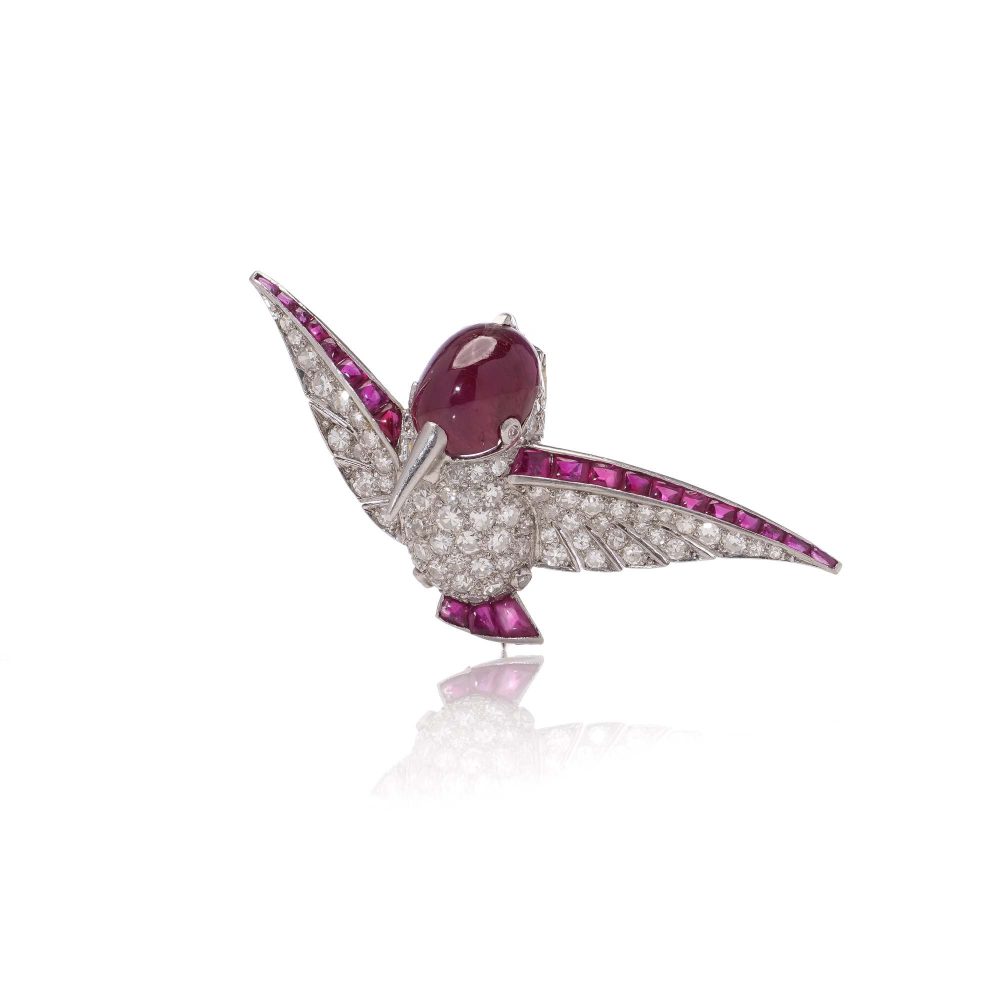 Vintage Diamond And Ruby Hummingbird Brooch In Platinum