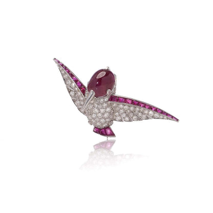 Vintage Diamond And Ruby Hummingbird Brooch In Platinum