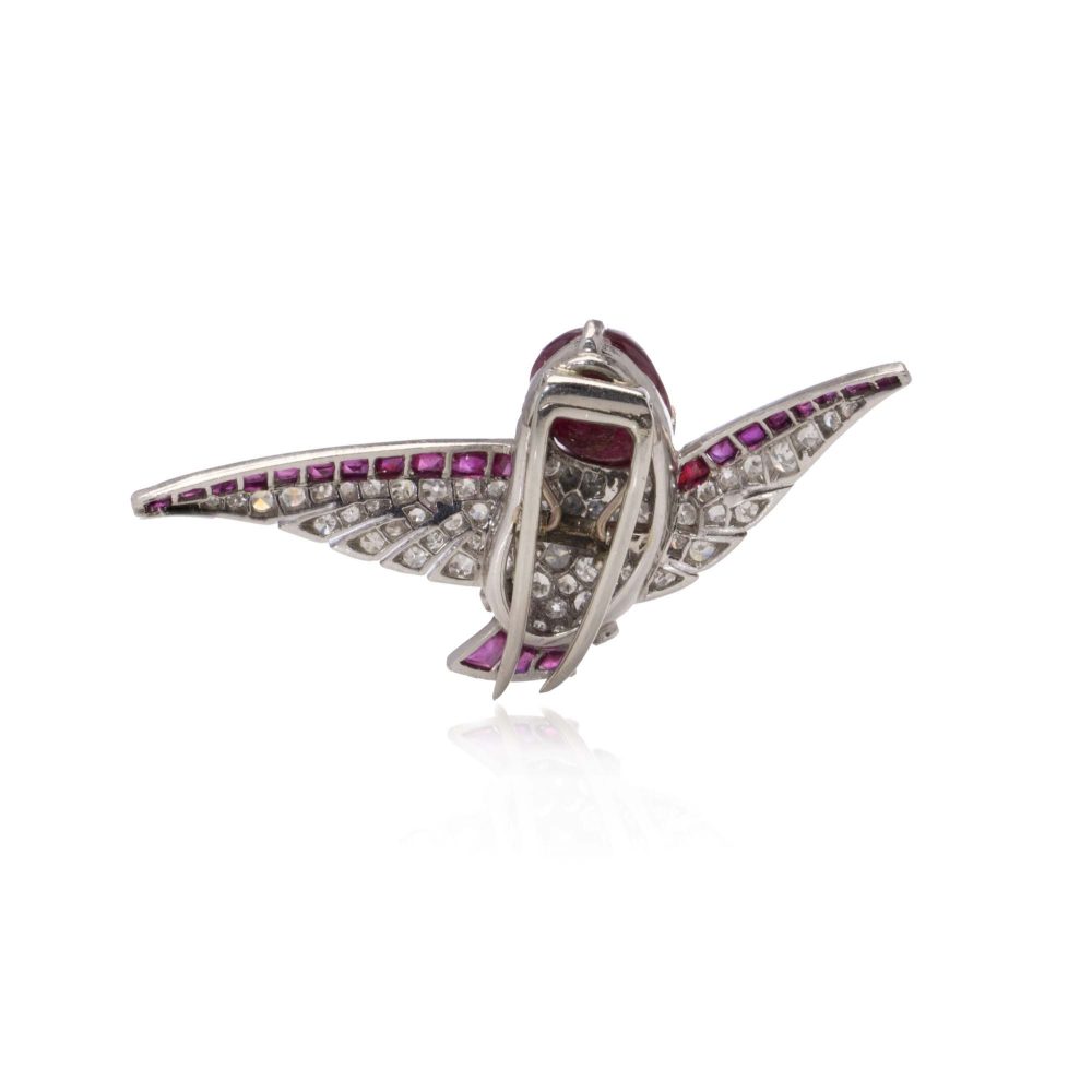 Vintage Diamond And Ruby Hummingbird Brooch In Platinum