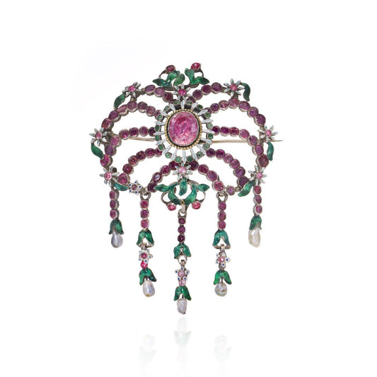 Antique pink topaz enamel brooch.