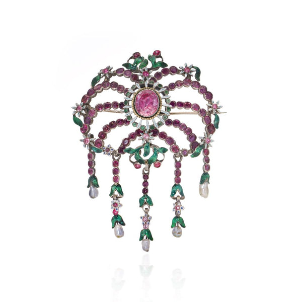 Antique pink topaz enamel brooch.