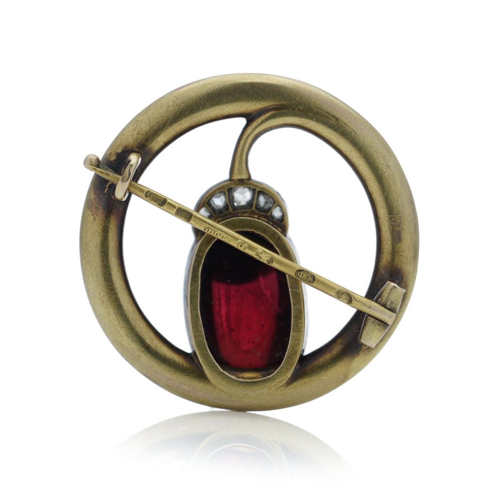 Karl Faberge Amethyst and Diamond Brooch In 14 Carat Yellow Gold