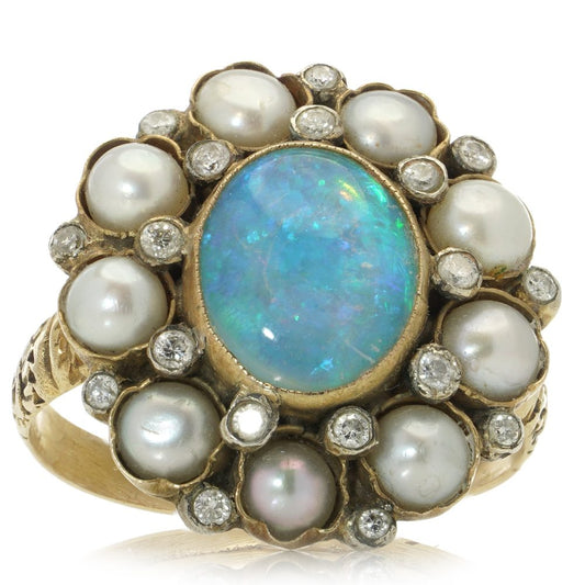 Vintage 9 Carat Yellow Gold Custer Ring With Opal, Pearls And Diamonds