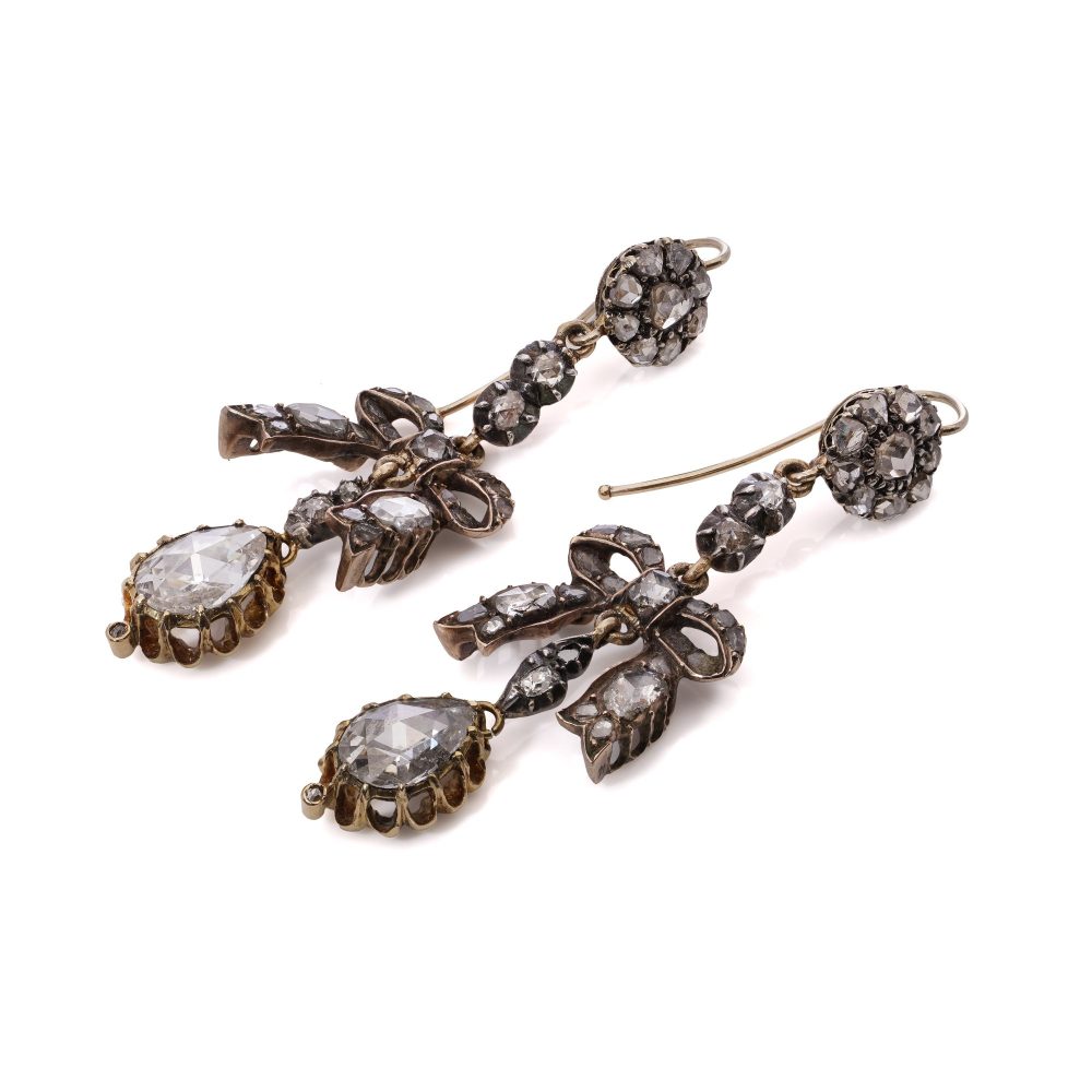 Victorian Diamond Bow Earrings In 15 Carat Yellow Gold And Silver
