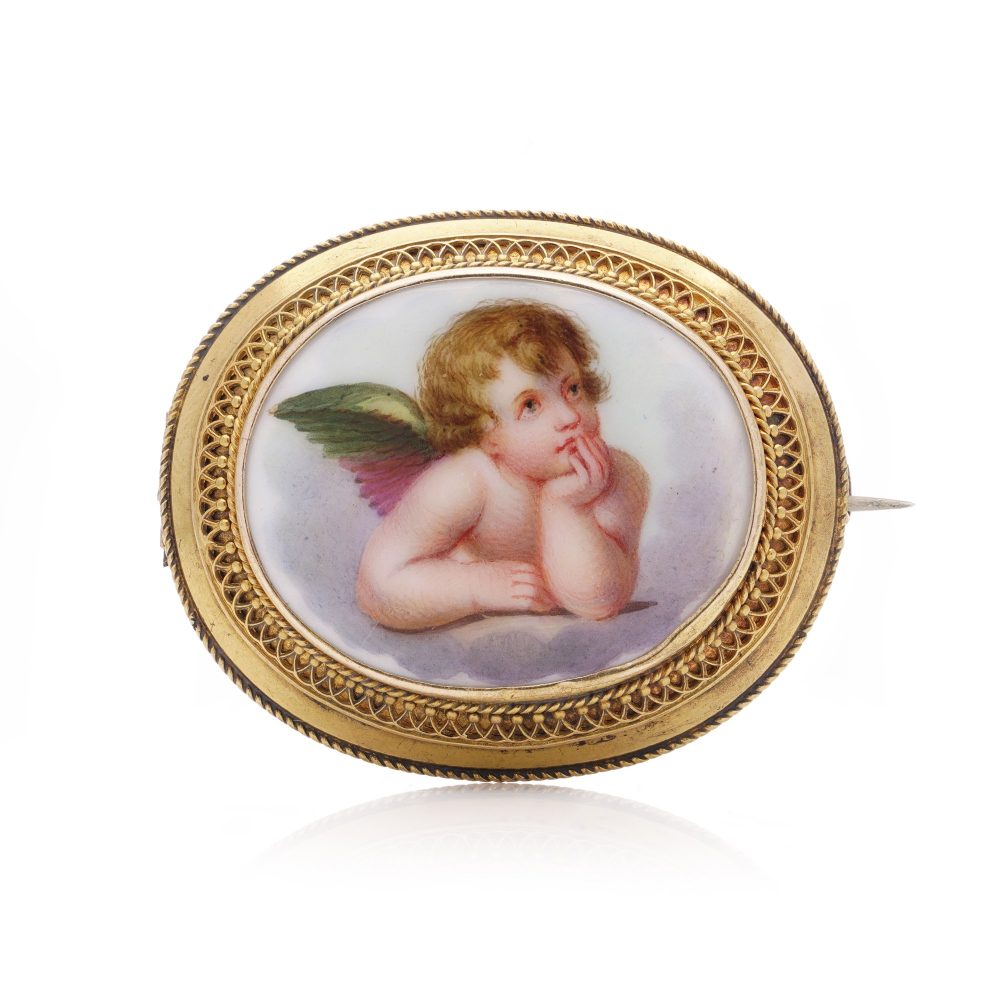 Victorian 18 Carat Yellow Gold Hand Painted Enamel Cherub Brooch