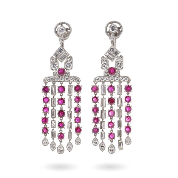 Art Deco ruby and diamond earrings in platinum.