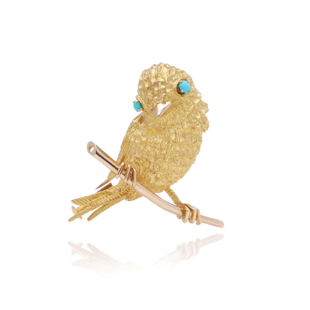 Vintage 22 Carat Yellow Gold Textured Bird Brooch With Turquoise Eyes