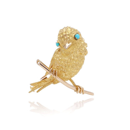 Vintage 22 Carat Yellow Gold Textured Bird Brooch With Turquoise Eyes