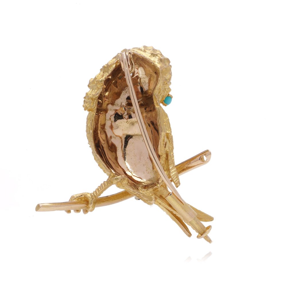 Vintage 22 Carat Yellow Gold Textured Bird Brooch With Turquoise Eyes