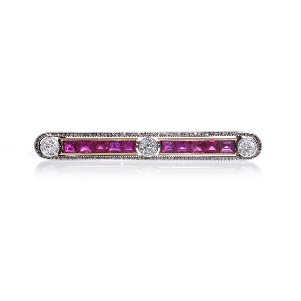 Antique Ruby And Old Cut Diamond Bar Brooch In 9 Carat Gold And Silver