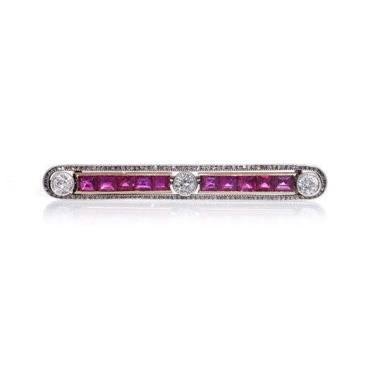 Antique Ruby And Old Cut Diamond Bar Brooch In 9 Carat Gold And Silver