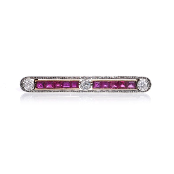 Antique Ruby And Old Cut Diamond Bar Brooch In 9 Carat Gold And Silver