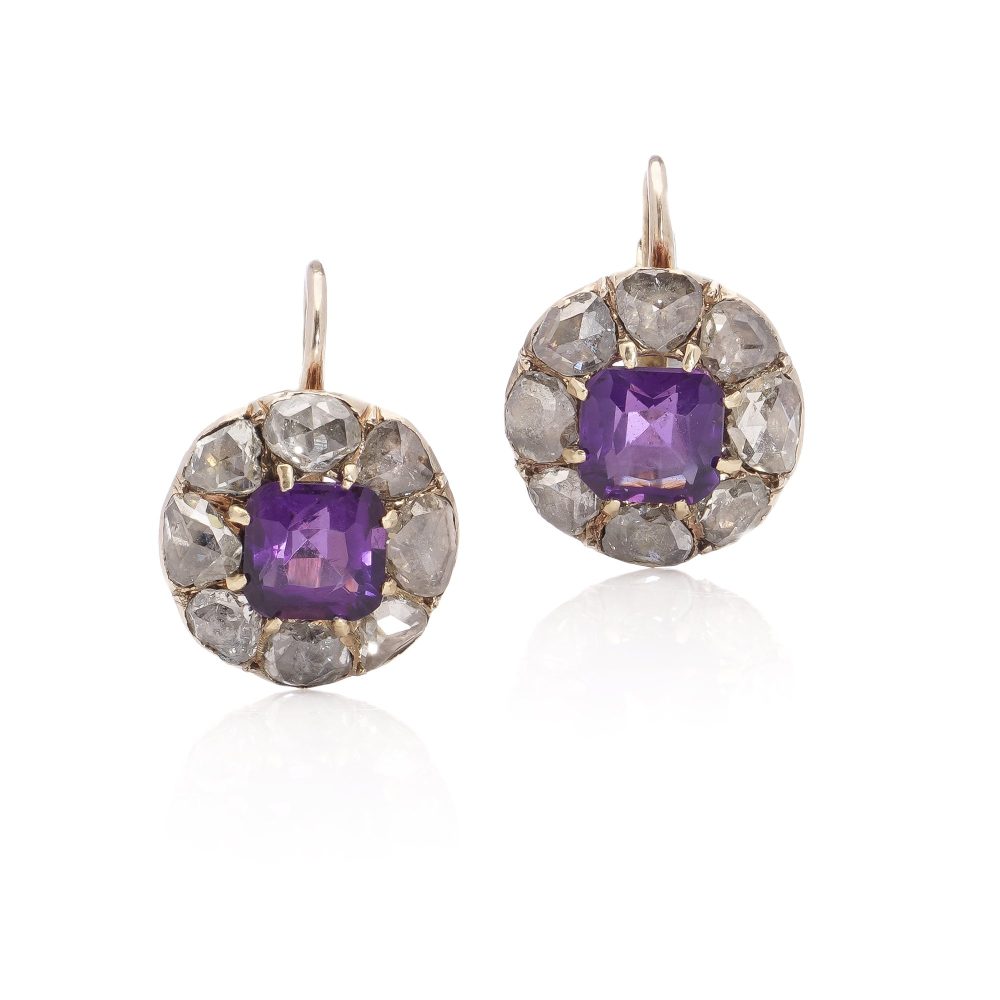 Victorian 9 Carat Gold Amethyst And Diamond Earrings
