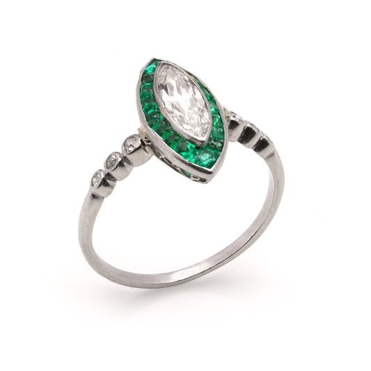 Vintage Art Deco Platinum Marquise-Shaped Diamond And Emerald Ring
