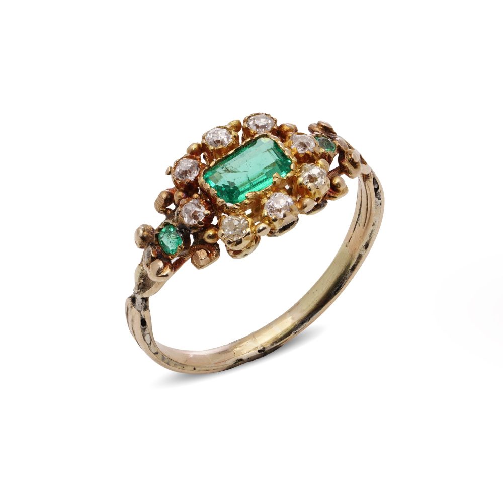 Victorian emerald and diamond cluster ring in gold.