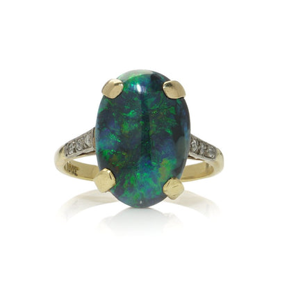 Vintage Black Opal And Diamond Ring In 18 Carat Yellow Gold