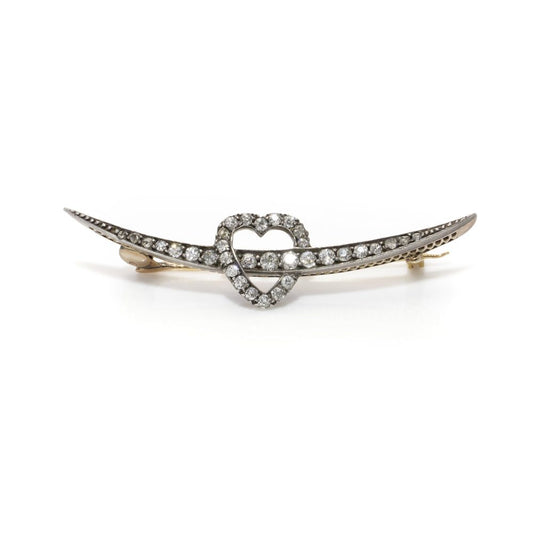 Victorian Heart And Arrow Old Cut Diamond Brooch In 18 Carat Gold And Silver