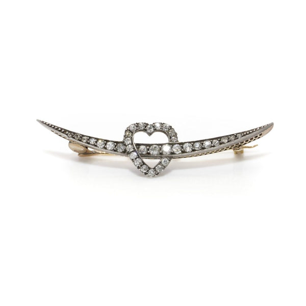 Victorian Heart And Arrow Old Cut Diamond Brooch In 18 Carat Gold And Silver