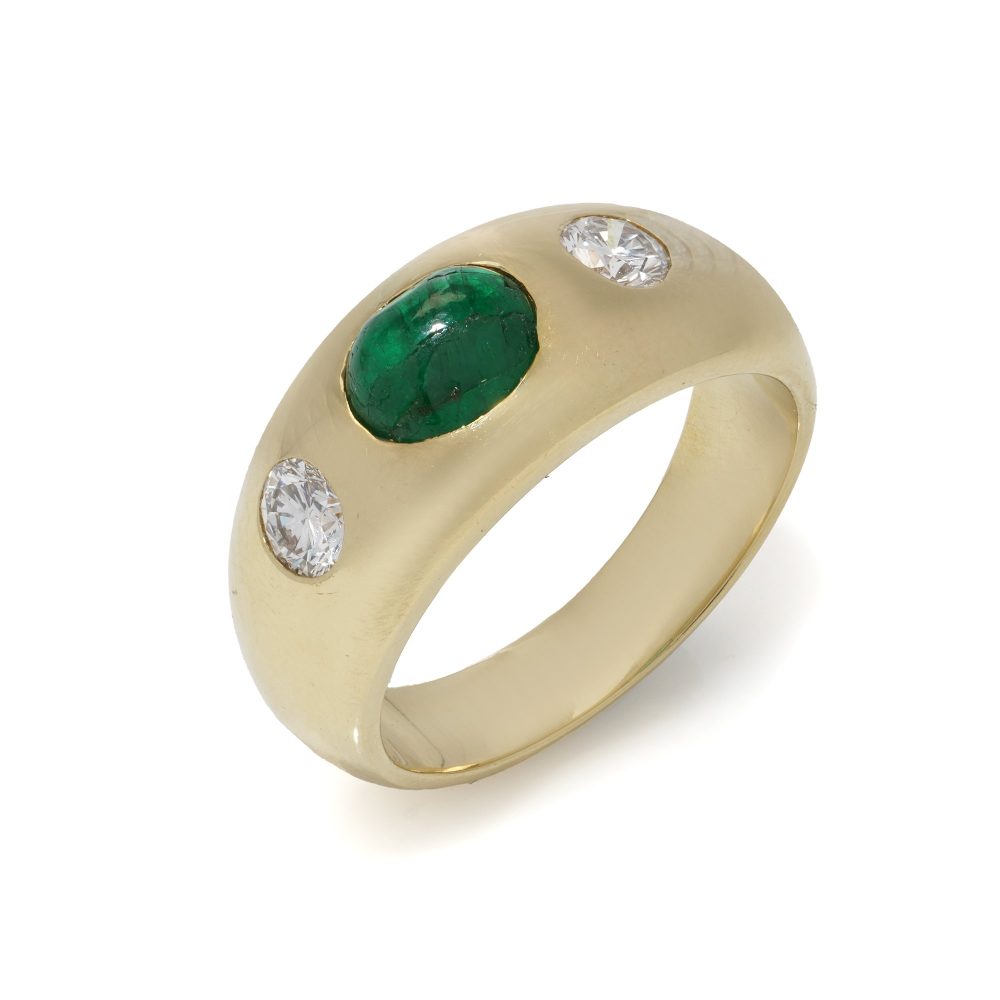 Bvlgari Three Stone Ring In 18 Carat Yellow Gold With Emerald And Diamonds