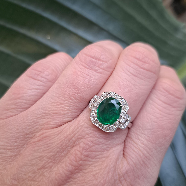 2.60ct Oval Emerald and Diamond Cluster Engagement Ring in 18ct White Gold