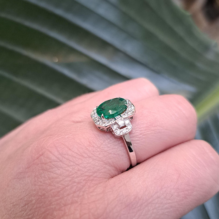 2.60ct Oval Emerald and Diamond Cluster Engagement Ring in 18ct White Gold