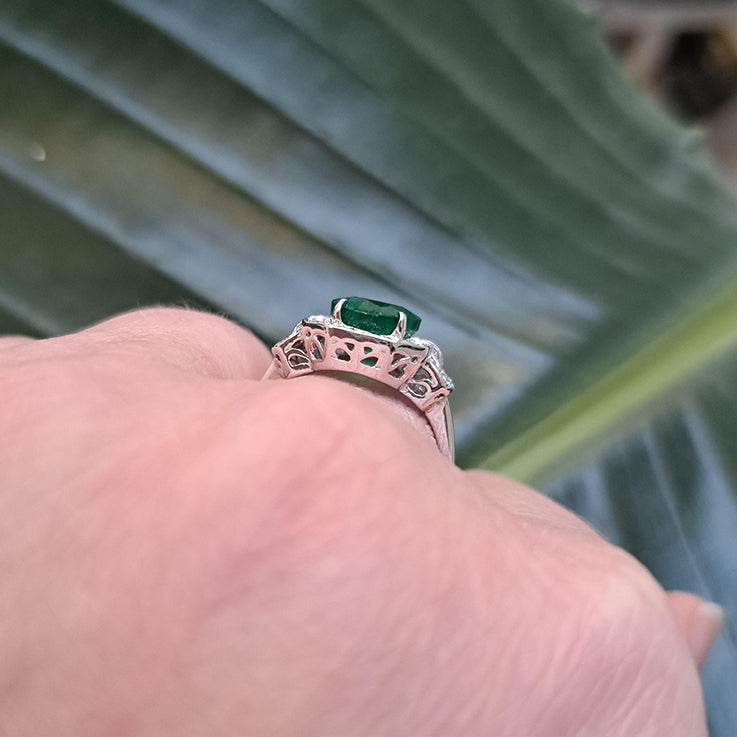 2.60ct Oval Emerald and Diamond Cluster Engagement Ring in 18ct White Gold