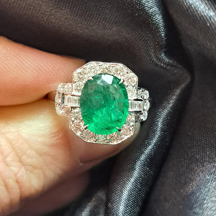 2.60ct Oval Emerald and Diamond Cluster Engagement Ring in 18ct White Gold