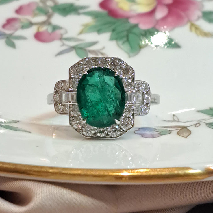 2.60ct Oval Emerald and Diamond Cluster Engagement Ring in 18ct White Gold