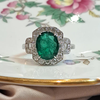 2.60ct Oval Emerald and Diamond Cluster Engagement Ring in 18ct White Gold
