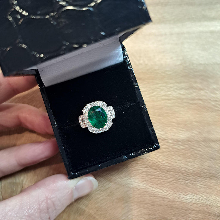 2.60ct Oval Emerald and Diamond Cluster Engagement Ring in 18ct White Gold