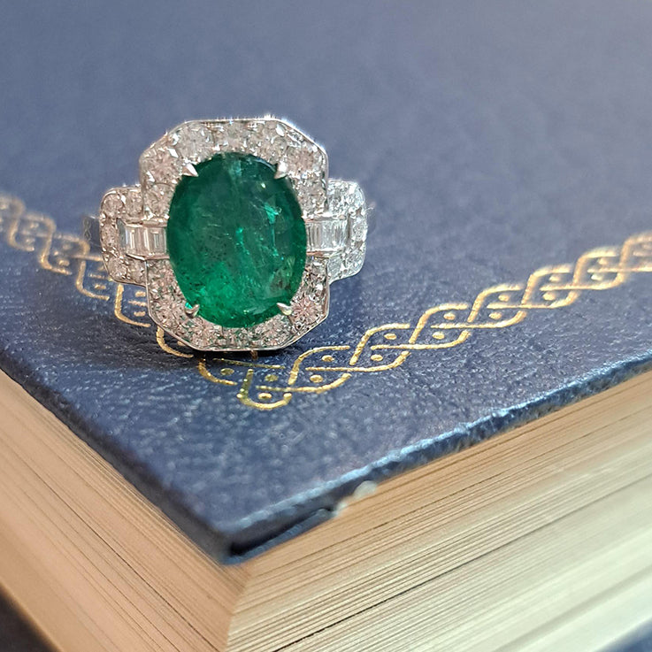 2.60ct Oval Emerald and Diamond Cluster Engagement Ring in 18ct White Gold
