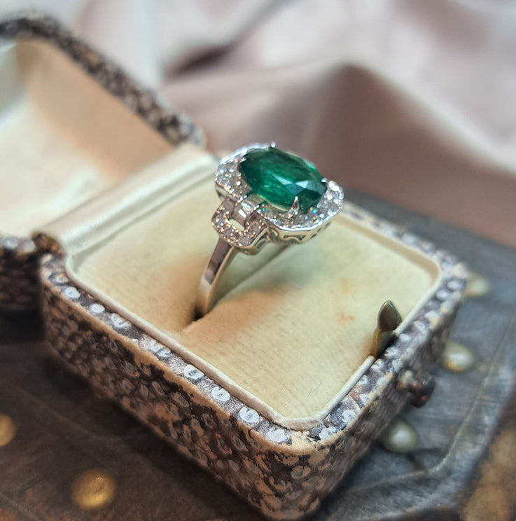 2.60ct Oval Emerald and Diamond Cluster Engagement Ring in 18ct White Gold