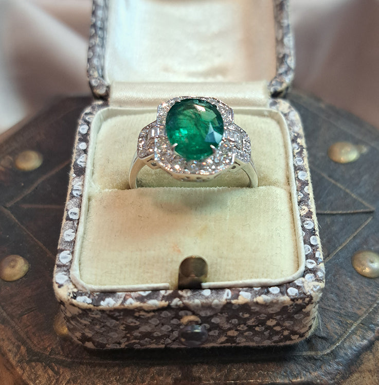 2.60ct Oval Emerald and Diamond Cluster Dress Ring in 18ct White Gold
