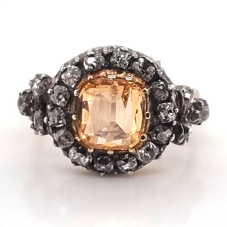 Antique Cushion Cut Imperial Topaz and Old Cut Diamond Cluster Engagement Ring