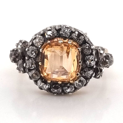 Antique Cushion Cut Imperial Topaz and Old Cut Diamond Cluster Engagement Ring