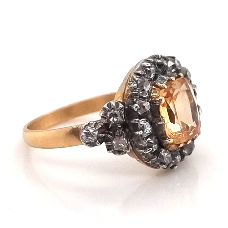 Antique Cushion Cut Imperial Topaz and Old Cut Diamond Cluster Engagement Ring