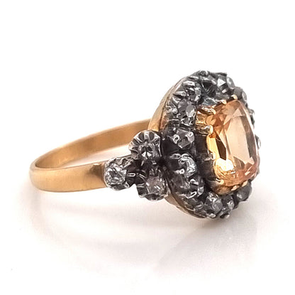 Antique Cushion Cut Imperial Topaz and Old Cut Diamond Cluster Engagement Ring