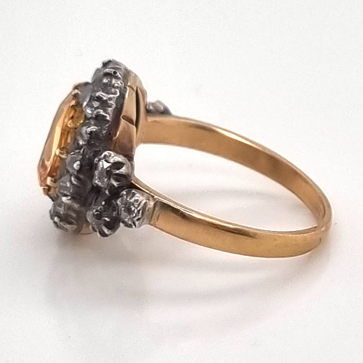 Antique Cushion Cut Imperial Topaz and Old Cut Diamond Cluster Engagement Ring