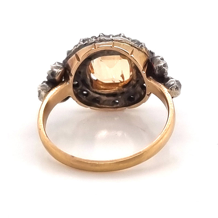 Antique Cushion Cut Imperial Topaz and Old Cut Diamond Cluster Engagement Ring