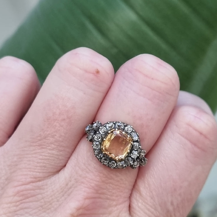 Antique Cushion Cut Imperial Topaz and Old Cut Diamond Cluster Engagement Ring